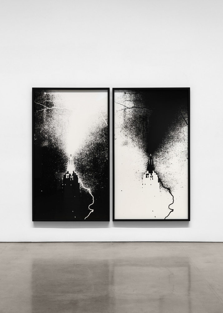 Sarah Charlesworth  Empire Light (Positive) &amp; Empire Light (Negative), 1981  two black and white mural prints, mounted with lacquered wood frames  positive: 84 x 48 in. (213.4 x 121.9 cm)  negative: 84 x 48 in. (213.4 x 121.9 cm)  AP 1, Edition of 1, 1 AP  blind-stamped using the artist’s embossing seal on the lower right corner of the print, with an estate label on the verso side of each work