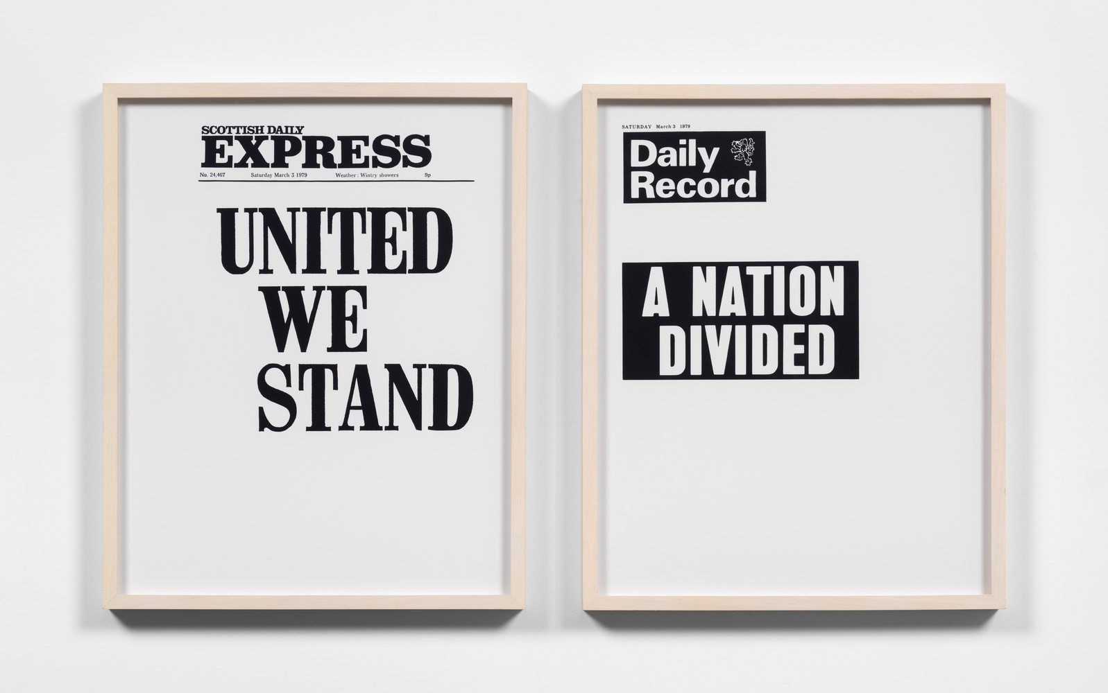 Sarah Charlesworth United We Stand/A Nation Divided, 1979 (released 2003) 2 black and white prints each frame: 16 3/8 x 13 1/8 in. (41.6 x 33.3 cm) Edition 5 of 5, 2 APs estate label on the verso side, right panel