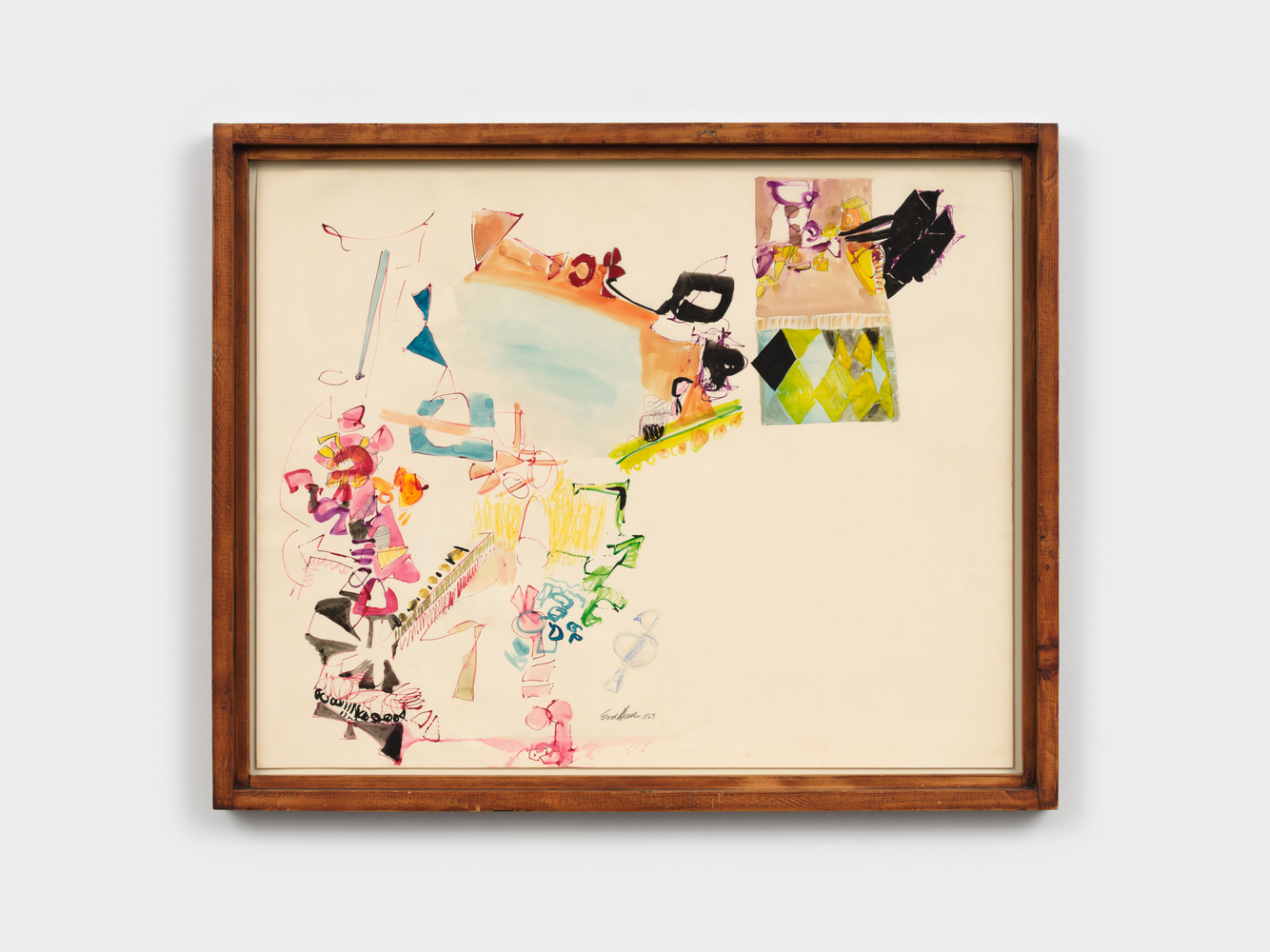 Eva Hesse
No title, 1963
black and colored ink, watercolor, crayon, and pencil on paper; frame made by Sol LeWitt
22 3/8 x 28 1/2 in. (56.8 x 72.4 cm)

signed and dated recto