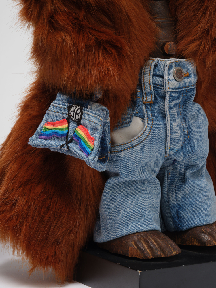 Ralph Lemon  Consecration of Ancestor Figures #13 and #14, 2024  carved wood and textile  #13: 28 x 9 x 5 in. (71.1 x 22.9 x 12.7 cm)  #14: 36 x 6 x 6 in. (91.4 x 15.2 x 15.2 cm)  costume production: Naoko Nagata