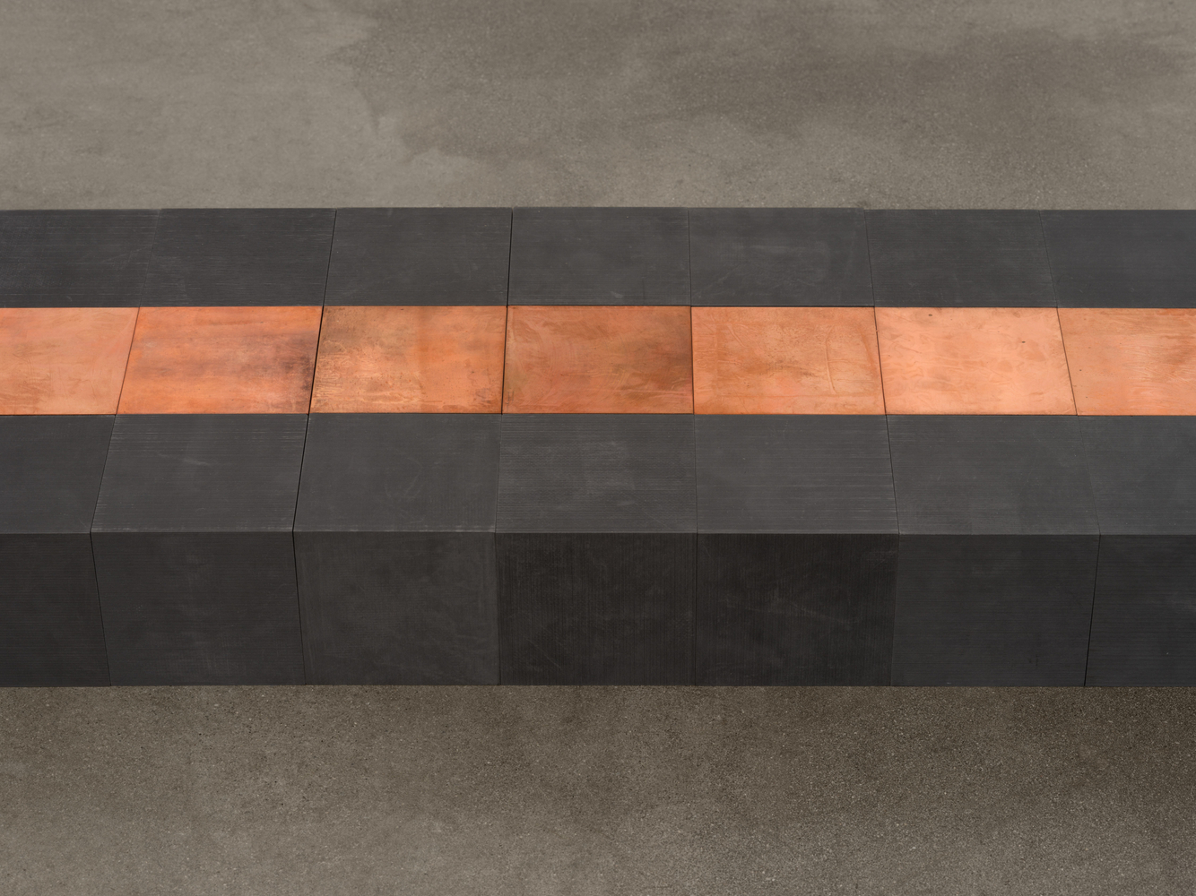 Carl Andre

51 Copper-Carbon Vein, 2006

51 cubes, 17 copper and 34 carbon

overall: 3 7/8 x 11 3/4 x 66 7/8 in. (10 x 30 x 170 cm)

each: 3 7/8 x 3 7/8 x 3 7/8 in. (10 x 10 x 10 cm)