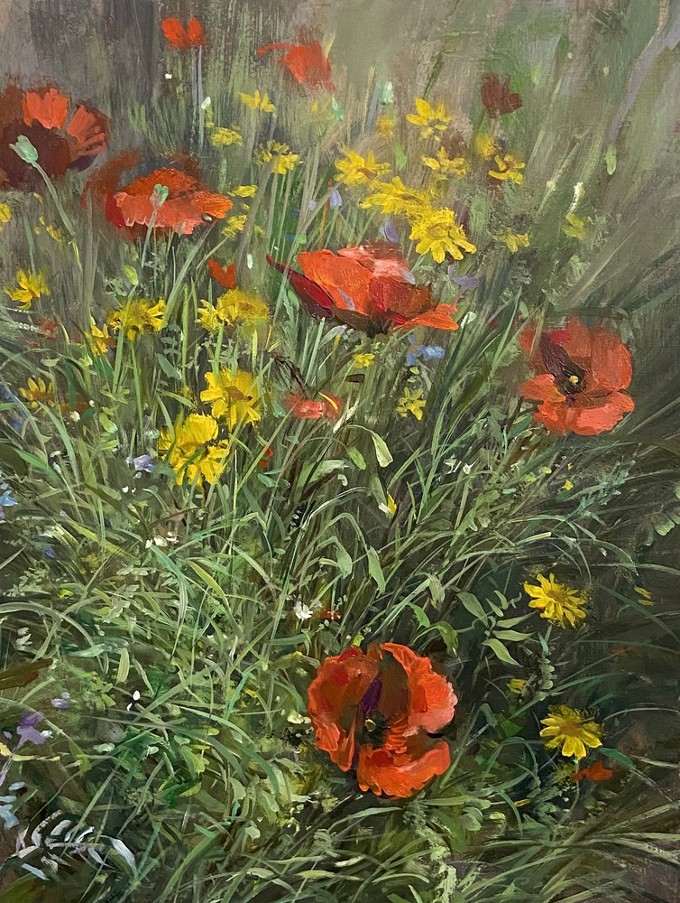 France Poppies I, Oil on wood, 16 x 12