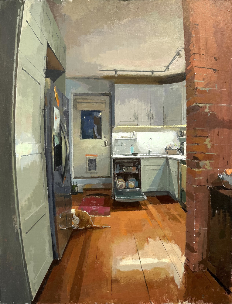 Kitchen with Mr. Whiskers  16" x 20"  Oil On Linen Mounted On Panel