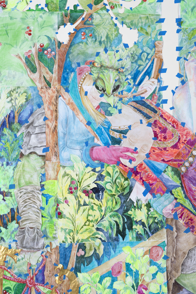 Sam Keogh&amp;nbsp;

The Unicorn Surrenders to a Maiden Cartoon,&amp;nbsp;2024

acrylic, watercolour, coloured pencil, gold leaf and painter&amp;rsquo;s tape on 70gsm acid-free layout paper

300 x 324 cm&amp;nbsp; / 118.1 x 127.6 in&amp;nbsp; &amp;nbsp;