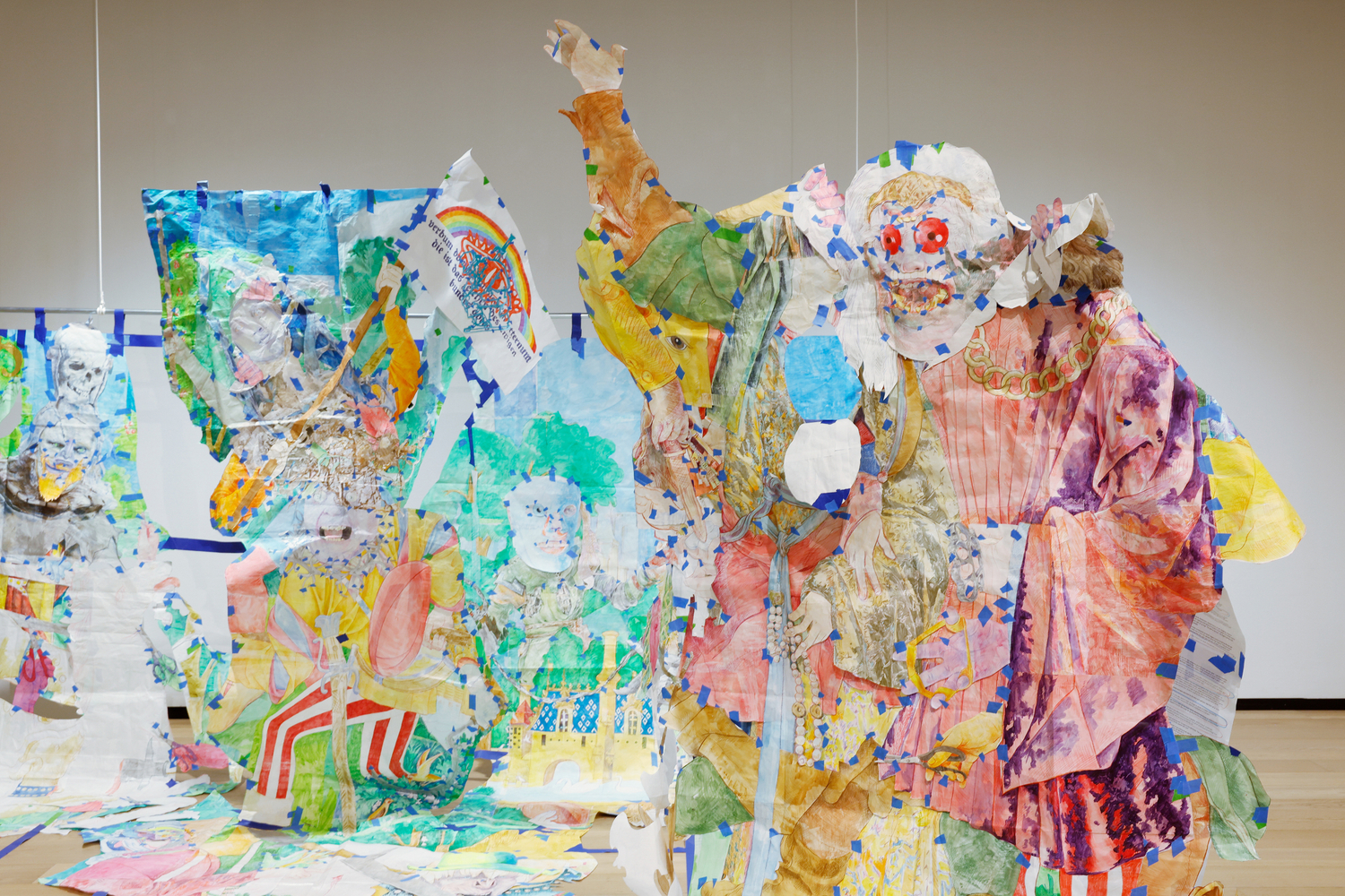 Sam Keogh&amp;nbsp;

The Unicorn is Killed and brought to the Castle,&amp;nbsp;2023

colouring pencil, graphite, watercolour, acrylic, painters tape and gold leaf on 70gsm acid free layout paper, mic stands + recording of performance&amp;nbsp;

dimensions variable

Installation at&amp;nbsp;The Paper Biennial 2024, Museum Rijswijk, The Netherlands