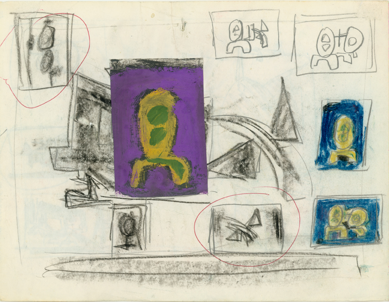 Untitled, C-10 OB, c.1970s
Preliminary Drawing
Ball Point Ink, Graphite, Crayon, Pastel and Gouache with Collage
H: 8.5 x W: 11 inches

(SG-158-D)