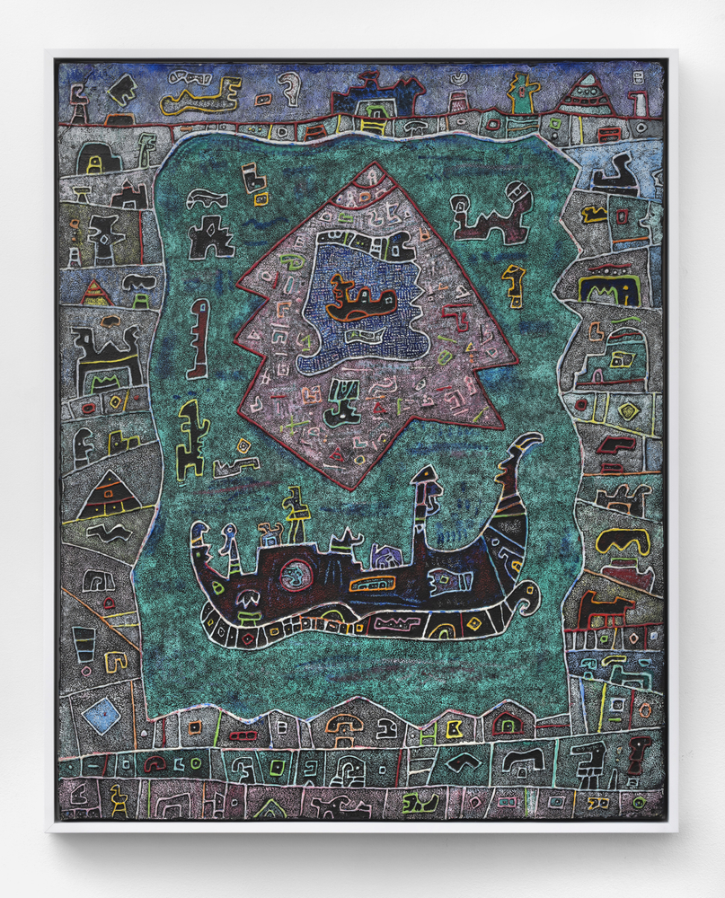 Ynez Johnston (1920-2019) Off Shore Island, 2001     mixed media on canvas 30 x 23 3/4 inches;  76.2 x 60.3 centimeters LSFA# 14323