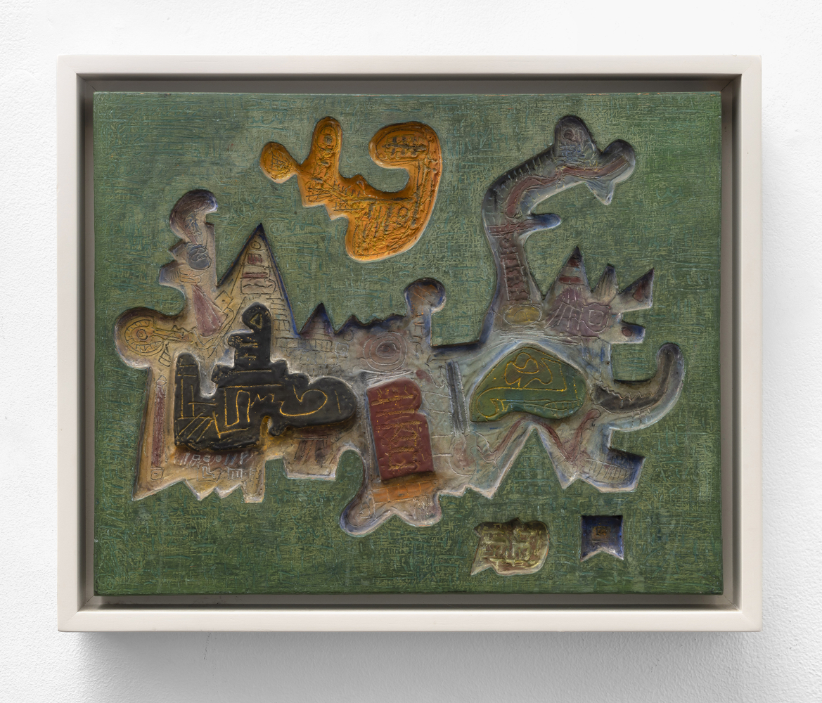 Ynez Johnston (1920-2019) Green, 1970     wood relief 11 x 14 inches;  27.9 x 35.6 centimeters LSFA# 14317