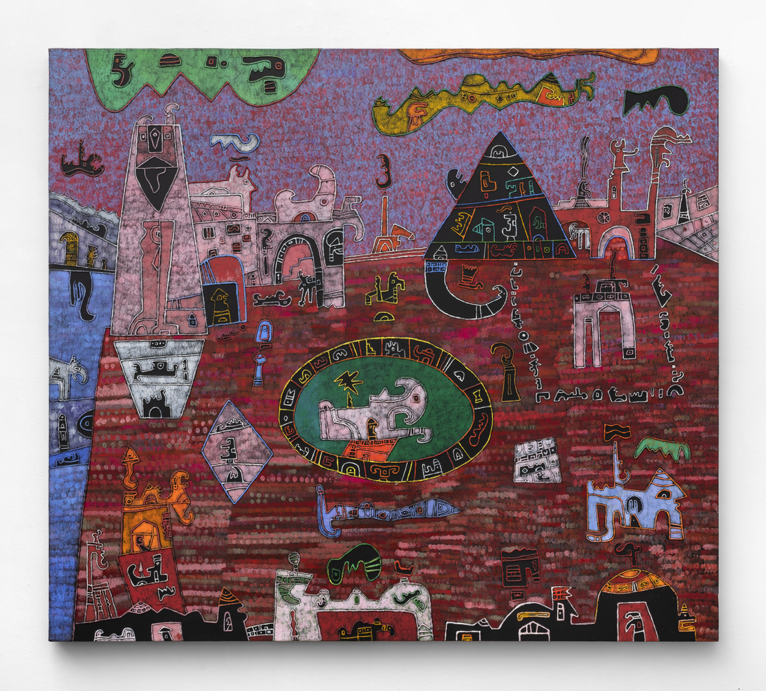 Ynez Johnston (1920-2019) Roman Painting, 1996     acrylic on canvas 48 x 54 inches;  121.9 x 137.2 centimeters LSFA# 14318