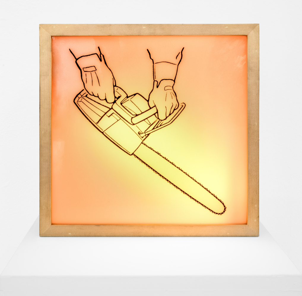 MANUAL (Hill &amp; Bloom) Chainsaw Demo, 1991 lightbox, Durtan, ed: 1/1 unique 13 1/4" x 13 3/8" x 4 3/4", M 288, Moody Gallery