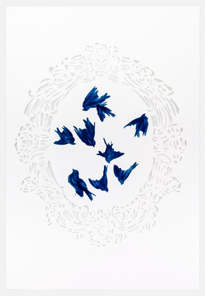 James Drake Blue Sparrows, 2025 charcoal on hand-cut paper 44" x 30" JD 417