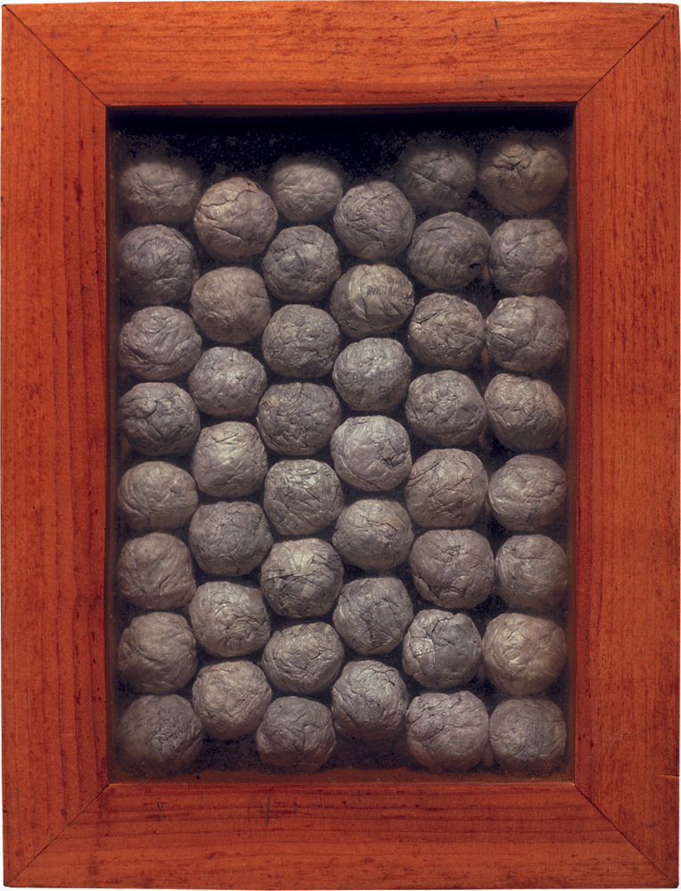 Al Souza 46 Big Spitballs, 2005 paper in wood and glass box 11 3/4" x 9" x 2 1/2" AS 599