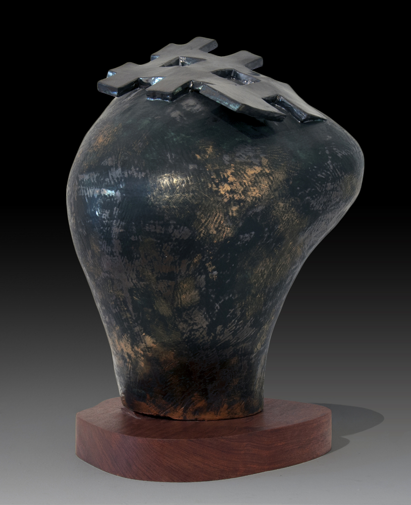 Pat Colville Hardscape - Grid &amp; Figure, 2016 ceramic, wood 20 1/4" x 14 1/4" x 14 1/8" PC 179