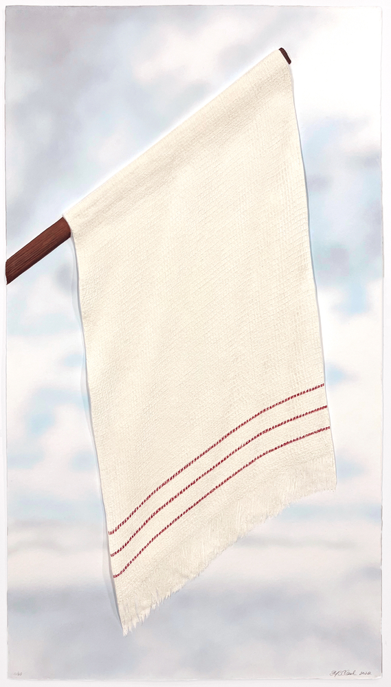 Sonya Clark&amp;nbsp;
Confederate, Surrender, 2022
Mixografia print on handmade paper
43.75 x 23.25 x 0.75 in. (111.13 x&amp;nbsp;59.06 x&amp;nbsp;1.91 cm)
Edition of 30
Clar-1114-C
&amp;nbsp;

Sonya Clark&amp;rsquo;s Confederate, Surrender centers on a seemingly quotidian object imbued with monumental historical weight: a white tea towel with red pin stripes, originally woven in Richmond, Virginia. The work examines the history of the Confederate Flag of Truce raised by General Robert E. Lee&amp;rsquo;s army at Appomattox (April 9, 1865).1 Fashioned from a simple kitchen dish towel, the Truce Flag signaled the collapse of soldiers fighting to preserve the institution of slavery.


By reconstructing this object in print, Clark disrupts the visual dominance of the Confederate battle flag&amp;mdash;a symbol inextricably linked to the violent defense of Black enslavement and its persistent legacy of racism. Instead, she redirects attention to the modest textile that signaled the Confederacy&amp;rsquo;s surrender&amp;mdash;the quiet wave of a domestic object that initiated the formal conclusion of a war waged against Black freedom.


In an interview between Sonya Clark and Paul Farber, archived on the Monument Lab website, Clark recalls her experience as a Smithsonian Institution Artist Research Fellow in 2011. During that time, she visited the National Museum of American History, where a long line of visitors had gathered to view the Star-Spangled Banner. In another exhibit, she encountered Abraham Lincoln&amp;rsquo;s iconic top hat, displayed within an exhibition on American presidents. In the same display case, however, she noticed a small, folded textile labeled &amp;ldquo;Confederate Flag of Truce&amp;rdquo;&amp;mdash;a quiet but charged object placed alongside one of the nation&amp;#39;s most revered presidential artifacts.


&amp;ldquo;It wasn&amp;rsquo;t hidden, just largely unamplified,&amp;rdquo; said Clark. &amp;ldquo;It is not that it was undiscovered, but that it hasn&amp;rsquo;t lived in public memory the way other flags have&amp;rdquo;&amp;mdash; And so she sought to bring attention to that overlooked history.2 &amp;ldquo;I suspect most people know the Confederate flag but don&amp;rsquo;t know about the Confederate truce flag?&amp;rdquo; said Clark.&amp;nbsp;&amp;nbsp; &amp;ldquo;What would it mean if we had focused our attention on the surrender and all that it implied? Where might we be now?&amp;rdquo;3


[Note to reader: American historian, museum director, and public scholar Dr. Lonnie G. Bunch III curated the &amp;ldquo;Truce Flag&amp;rdquo; into the aforementioned exhibition before later serving as the founding director of the National Museum of African American History and Culture and, subsequently, as Secretary of the Smithsonian Institution.]


As an intimate domestic textile, a dish towel is typically handled, folded, and worn through repetitive labor. In this dimensional print&amp;mdash;rendered to emphasize the truce flag&amp;rsquo;s specific weave structure&amp;mdash;Sonya Clark elevates a once-utilitarian cloth into a charged historical artifact.


Clark characterizes her engagement with fraught national symbols as an &amp;ldquo;amplifying, educative intervention.&amp;rdquo;4 Rather than smoothing over tension, she preserves it through tactile processes that insist on material and historical presence. By reimagining the towel-turned-truce flag, Clark reframes surrender not as mutual reconciliation between equal parties, but as the necessary dismantling of a regime built upon racial violence.


Through this artistic gesture, Sonya Clark redirects national memory toward an object worthy of recognition, replacing Confederate iconography with a symbol of its collapse.


Clark states, &amp;ldquo;That&amp;#39;s the power of art. That&amp;#39;s one of the things I can do as an artist&amp;mdash;I can use my voice to amplify this historical object and other historical objects that changed our path.&amp;rdquo;5 &amp;ldquo;Amplify&amp;rdquo; is precisely what Clark accomplishes.


Confederate, Surrender centers our attention on the exact moment a system committed to enslavement was forced to yield. By foregrounding the truce flag, Clark surfaces a history that has been muted or overlooked. In doing so, Confederate, Surrender honors not only the end of the Confederacy, but also the profoundly unfinished struggle for justice that followed emancipation&amp;mdash;and that continues today.


-Writing by Amy Raehse unless otherwise noted.
&amp;nbsp;

Footnote
[1] Rubenstein, Harry, R., &amp;ldquo;The Gentleman&amp;rsquo;s Agreement that Ended the Civil War,&amp;rdquo; What It Means to Be American, April 3, 2015
[2] Sonya Clark and Paul Farber, Monument Lab Podcast, Episode12, March 2019. https://monumentlab.com/podcast/in-pursuit-of-the-confederate-truce-flag-with-artist-sonya-clark
[3] Sonya Clark, describing her Monument Lab Podcast interview via email, 2026
[4] Sonya Clark, describing her engagement with charged historical textiles as &amp;ldquo;an act of care,&amp;rdquo; in phone conversation, 2025
[5] Sonya Clark, describing in email, 2026
&amp;nbsp;

This work was produced at the Mixografia print atelier. For three generations, the Remba family has shaped the field of printmaking and is recognized for developing and refining their innovative three-dimensional printing technique over more than 50 years. For the past 25 years, Goya Contemporary has worked alongside our print colleagues at Mixografia. As fellow members of the IFPDA&amp;mdash;including service on its Board of Directors&amp;mdash;we share a commitment to the highest standards of care, ethics, and connoisseurship in printmaking, as well as a mutual dedication to creating space for artistic vision. We are proud to represent these extraordinary prints, the histories they illuminate, and the spirit of collaboration they embody between artist, atelier, and gallery.