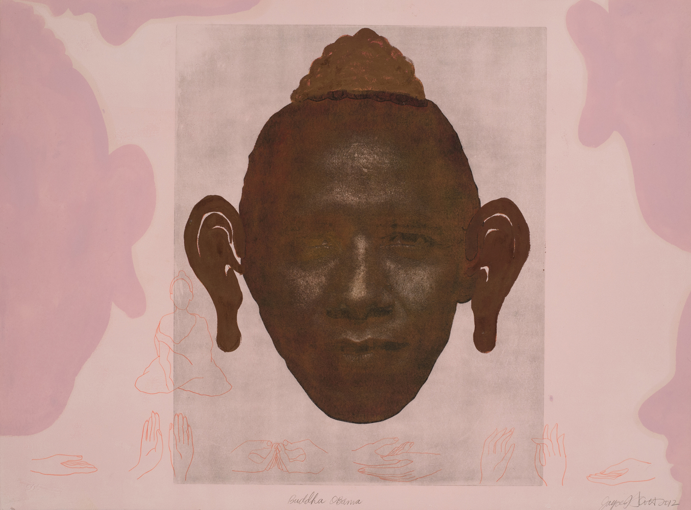 Joyce J. Scott&amp;nbsp;
Buddha Obama, 2012&amp;nbsp;
Monoprint from the Obama Series on Rives BFK paper
Paper: 22 x 30 in. (55.9 x 76.2 cm)
Frame: 25.75 x 33.5 in. ( 65.4 x 85.09 cm)
Scot-1026-C