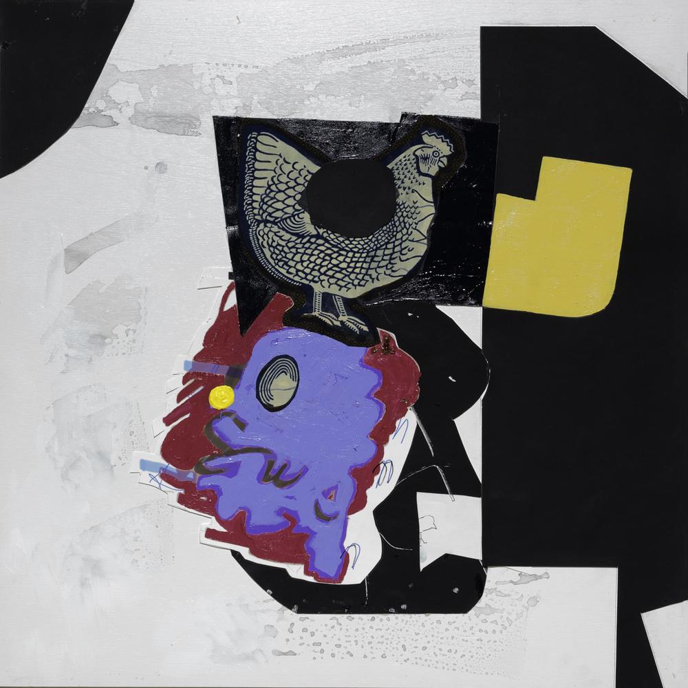 Hen on Head, 2024&amp;nbsp;
Digital print, acrylic, fabric, collage on board
24 x 24 in. (61 x 61 cm)
Smai-1624-C