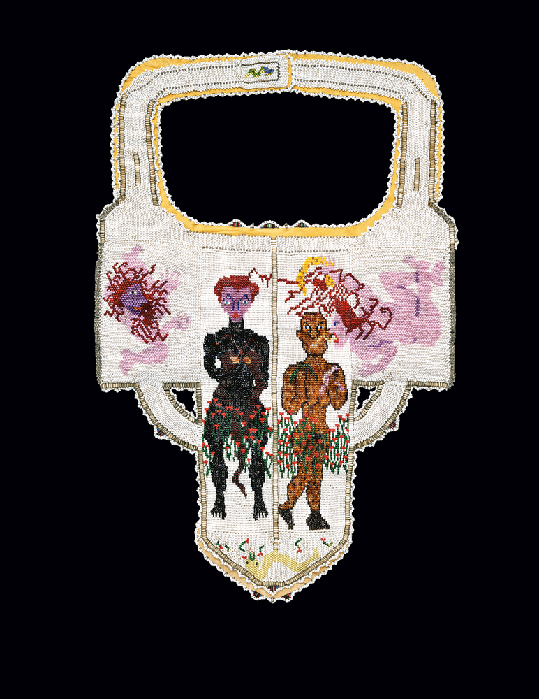 Joyce J. Scott
Adam and Eve Being Cast from the Garden of Eden, 1981-1982
Glass and metal beads, wire, leather
19 x 12.5 inches
Scot-1334-NI
Museum of Fine Arts, Boston, MA, the Daphne Farago Collection, 2012.1308
&amp;copy; The Joyce J. Scott Artist Trust