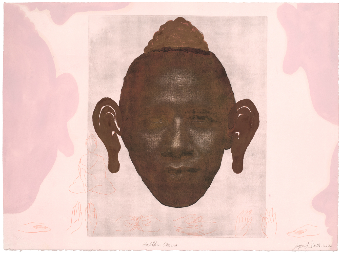 Joyce J. Scott&amp;nbsp;
Buddha Obama, 2012&amp;nbsp;
Monoprint from the Obama Series on Rives BFK paper
Paper: 22 x 30 in. (55.9 x 76.2 cm)
Frame: 25.75 x 33.5 in. ( 65.4 x 85.09 cm)
Scot-1026-C