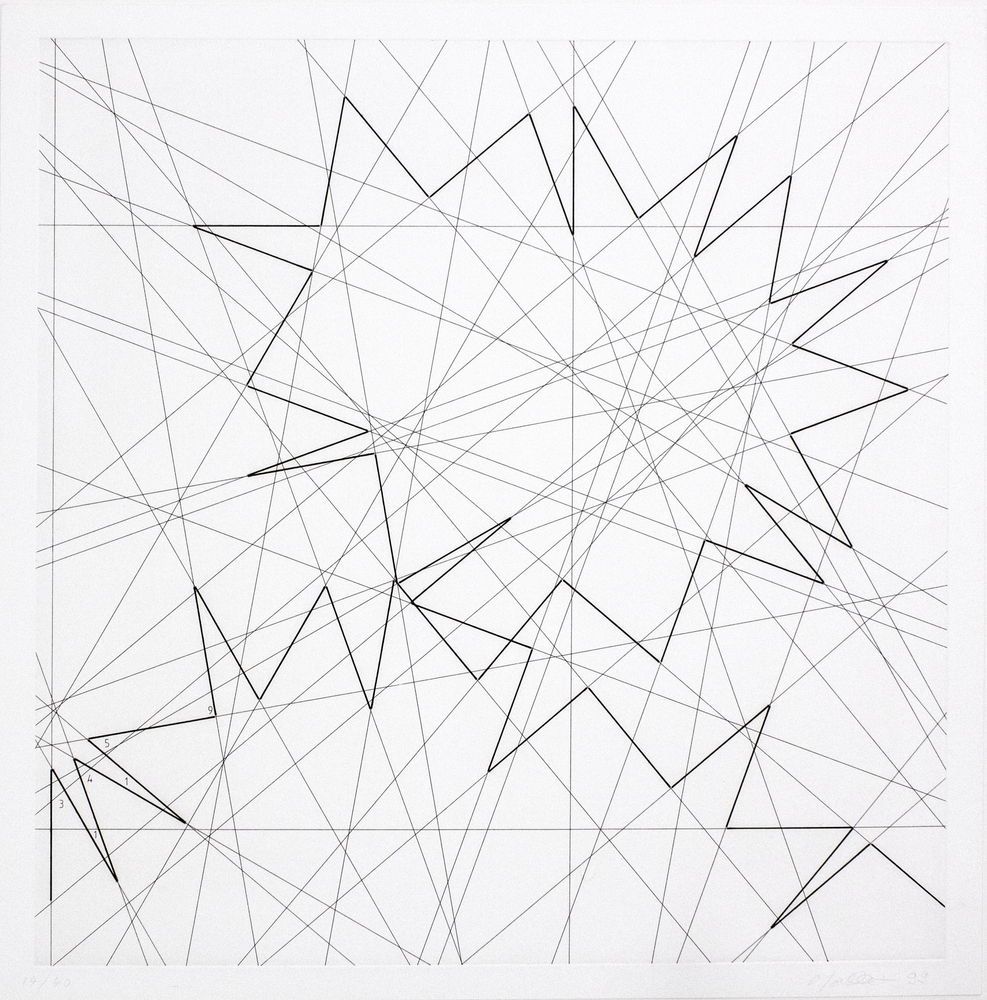 Fran&amp;ccedil;ois Morellet&amp;nbsp;
Pi piquant, 1999
Etching
Paper: 23.5 x 23.4 in. (59.7 x 59.4 cm)
Frame: 28.5 x 28.5 in. (72.4 x 72.5 cm)
Edition 14 of 40
More-1001-O