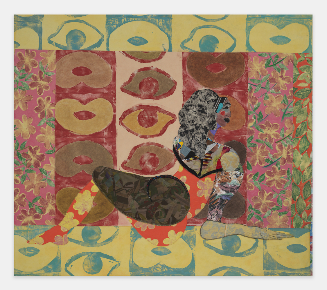 Bold Reclining Nude

2025

Acrylic paint, fabric, thread, colored pencil, painted canvas on canvas

225 x 254 x 4 cm / 88 1/2 x 100 x 1 1/2 in

&amp;copy; Tschabalala Self