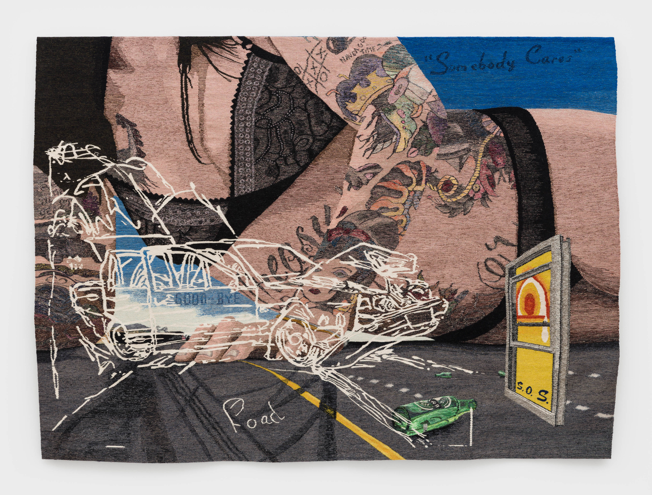 Erin M. Riley
Somebody Cares, 2025
wool, cotton
73 x 100 3/4 ins.
185.4 x 255.9 cm
(RILEY-349)
​​