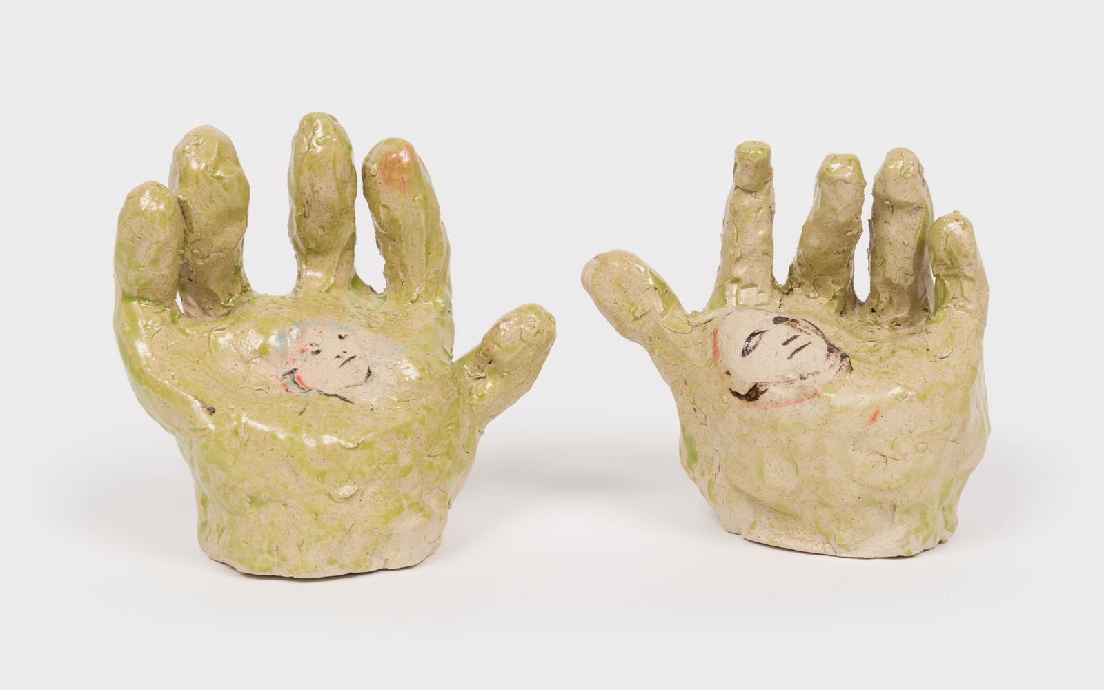 Judy Glantzman
Yellow Hands with Faces, 2025
left:&amp;nbsp;4 1/2 x 4 3/4 x 3 ins. (11.4 x 12.1 x 7.6 cm)
right: 4 1/8 x 4 1/2 x 3 ins. (10.5 x 11.4 x 7.6 cm)
(Glantzman-063)