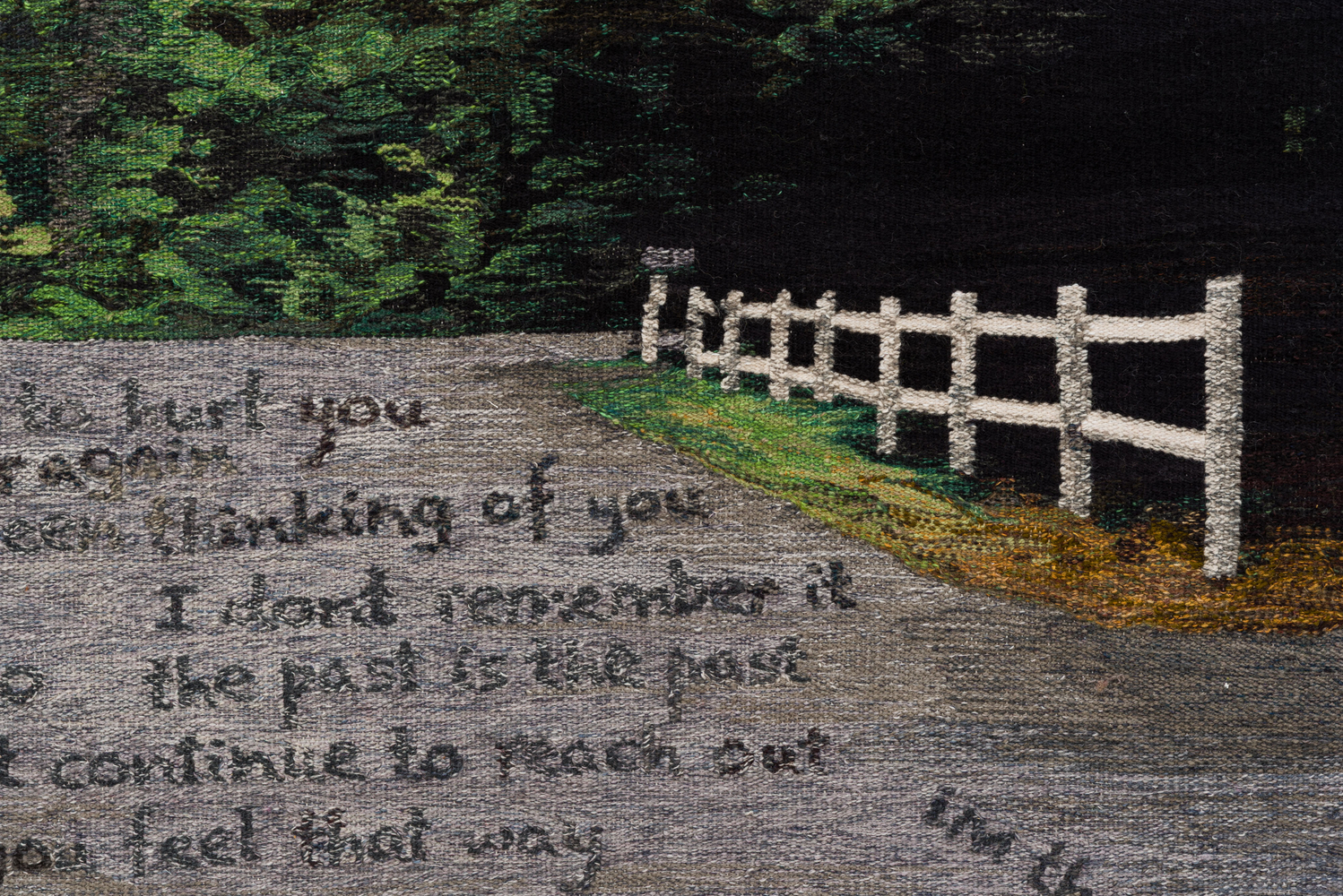 Erin M. Riley
Road Reverberations, 2025
wool, cotton
70 x 100 1/2 ins.
177.8 x 255.3 cm
(RILEY-350)