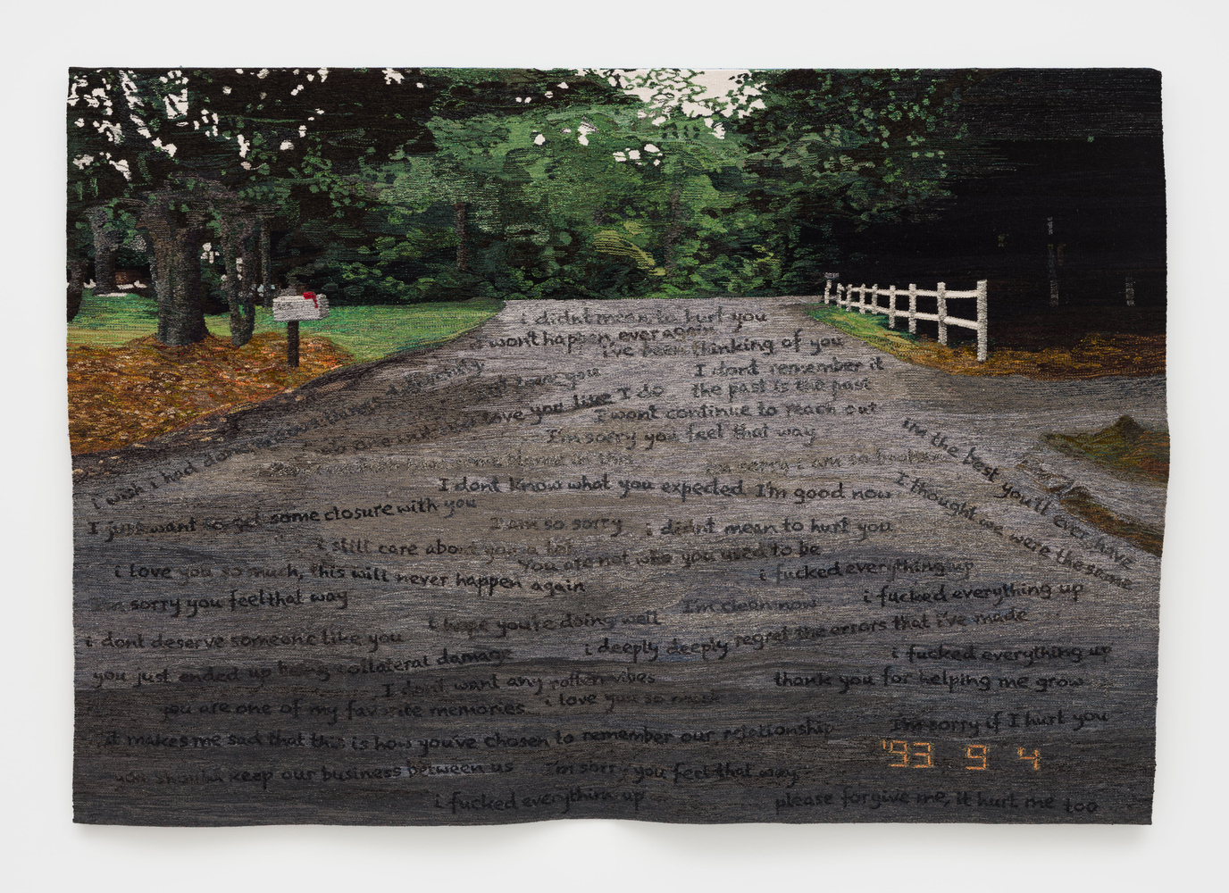 Erin M. Riley
Road Reverberations, 2025
wool, cotton
70 x 100 1/2 ins.
177.8 x 255.3 cm
(RILEY-350)
