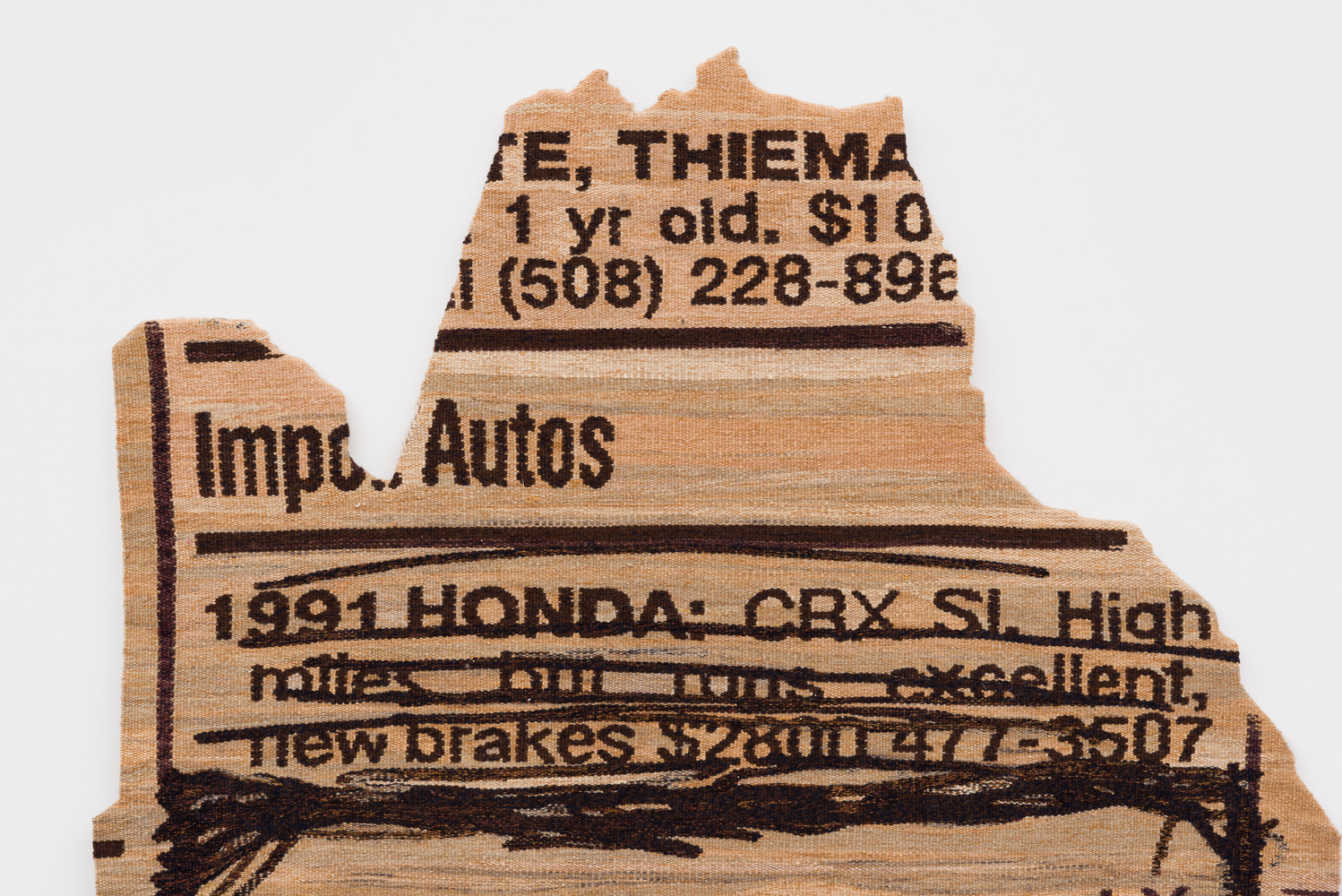 Erin M. Riley
High Miles but Runs Good, 2025
wool, cotton
69 1/2 x 48 ins.
176.5 x 121.9 cm
(RILEY-344)