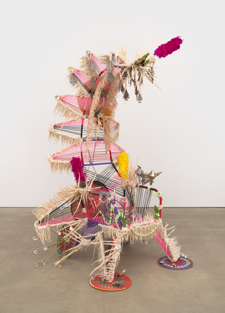 Guadalupe Maravilla
ICE Age Disease Thrower #1, 2025
steel gong, cotton, glue mixture, plastic, and objects collected from a ritual of retracing the artist&amp;#39;s original migration route
88 x 58 x 48 ins.
223.5 x 147.3 x 121.9 cm