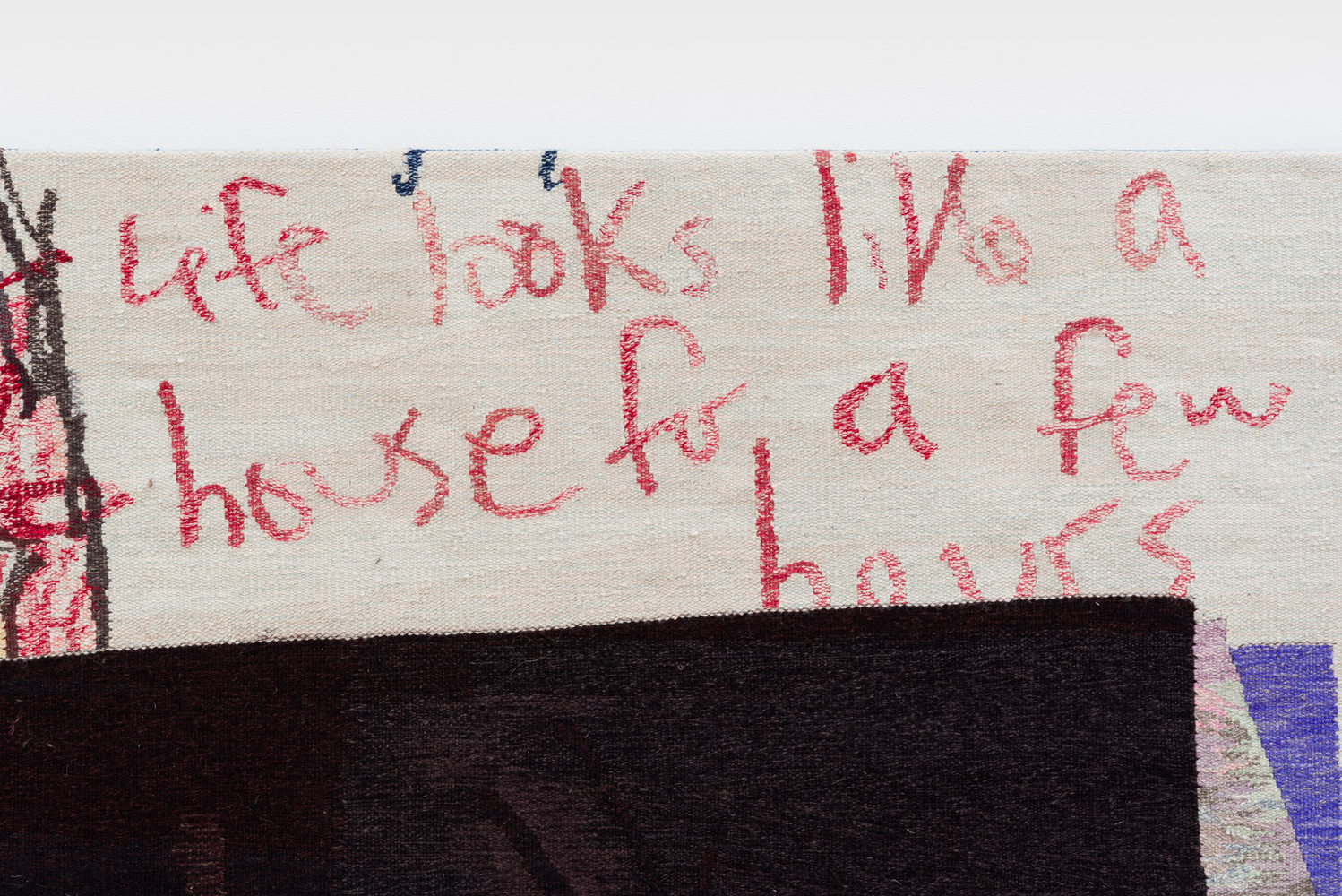 Erin M. Riley
Life Looks Like a House For a Few Hours, 2025
wool, cotton
74 x 101 ins.
188 x 256.5 cm
(RILEY-346)