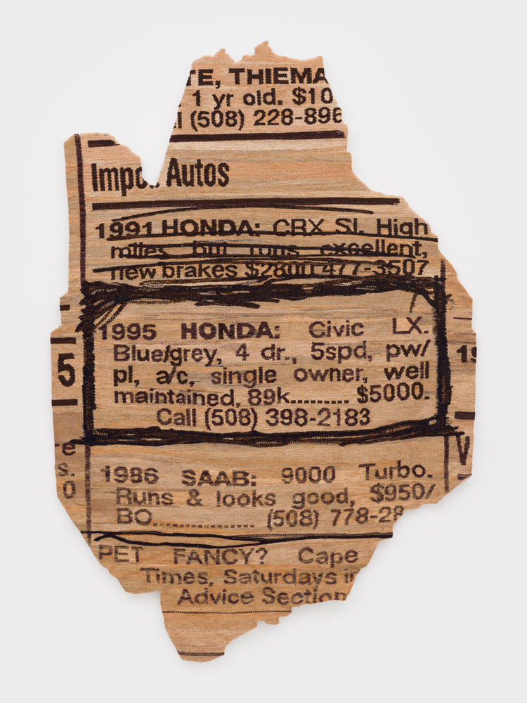 Erin M. Riley
High Miles but Runs Good, 2025
wool, cotton
69 1/2 x 48 ins.
176.5 x 121.9 cm
(RILEY-344)