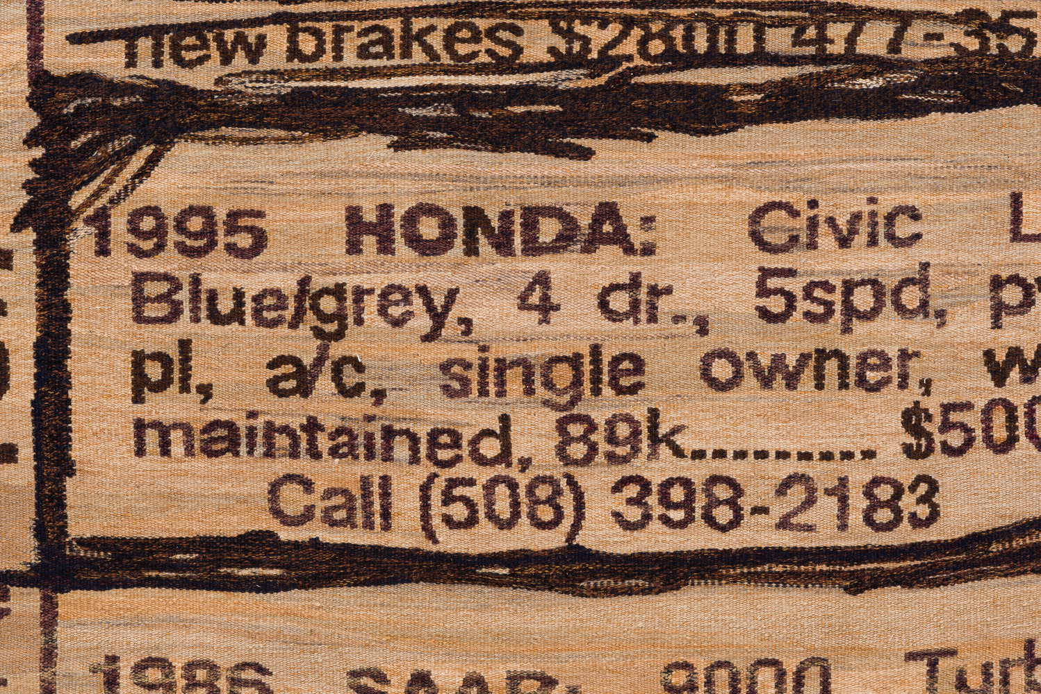 Erin M. Riley
High Miles but Runs Good, 2025
wool, cotton
69 1/2 x 48 ins.
176.5 x 121.9 cm
(RILEY-344)
​​​​​​