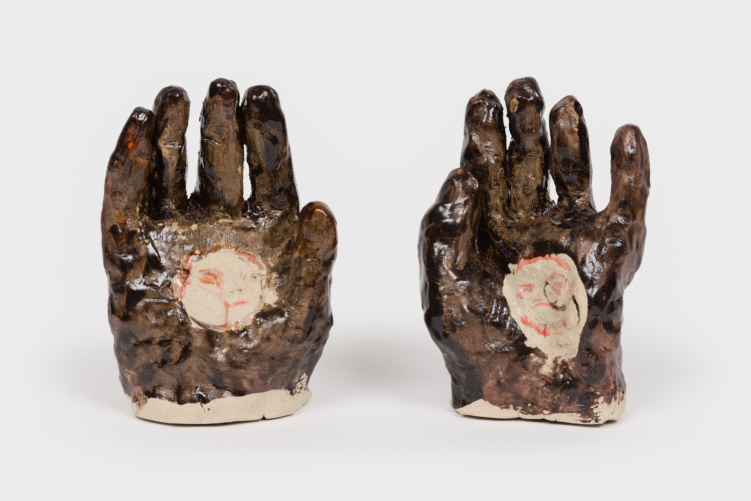 Judy Glantzman
Brown Hands with Faces, 2025
left:&amp;nbsp;5 3/8 x 4 x 2 1/4 ins. (13.7 x 10.2 x 5.7 cm)
right:&amp;nbsp;5 x 3 1/2 x 2 ins. (12.7 x 8.9 x 5.1 cm)
(Glantzman-074)