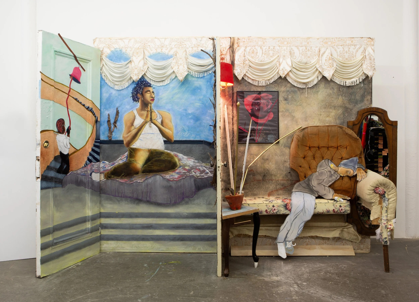 Devin N. Morris
why the bell last tolled, 2023
collage, oil, acrylic, tree bark, pastel, seat cushion, oil pastel,
assorted candle wax, pan pastel, felt, wood veneer, alarm, sobriety, broken window and mirror, window draping, light, brass fixture, flocking, arm from armchair, door, chair legs, on wood panel
86 ins.
218.4 cm