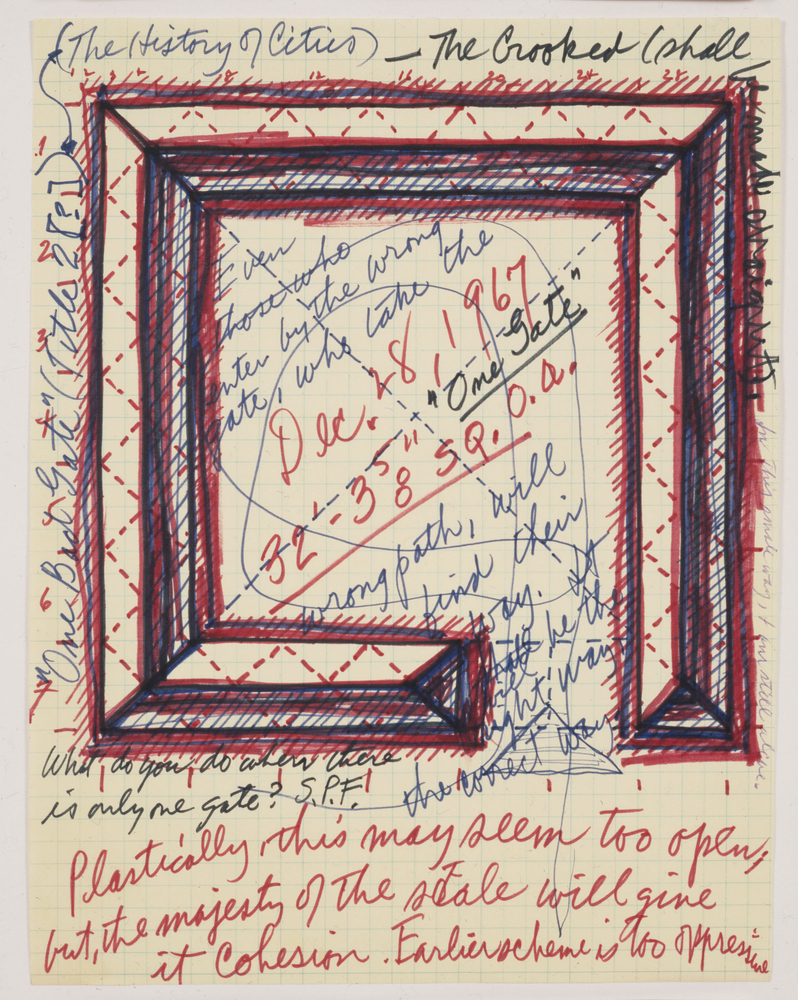 One Gate, 1967
Ink on gridded paper
10 7/8 &amp;times; 8 3/8 in. (27.6 &amp;times; 21.3 cm)