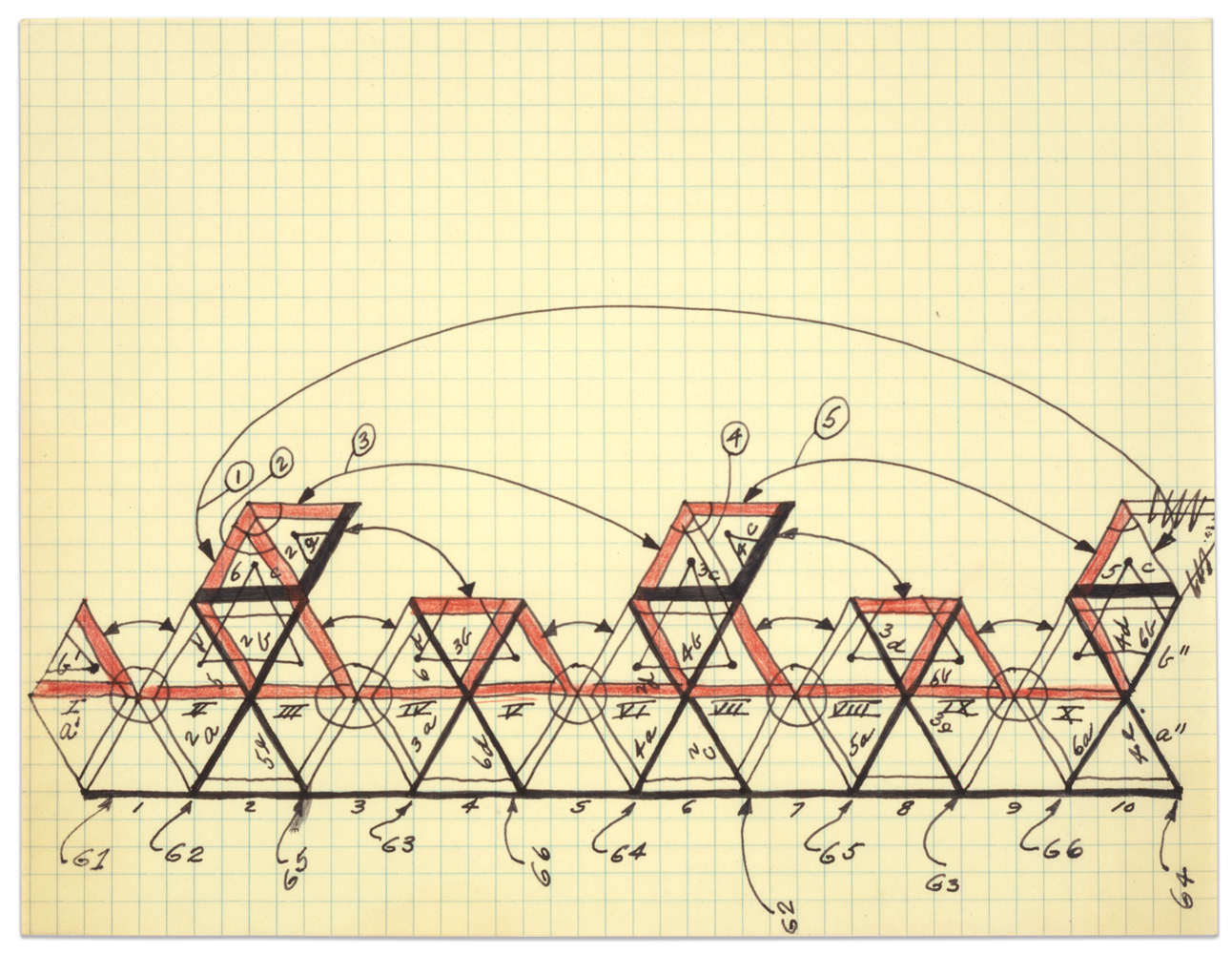 Untitled, 1962
Ink and colored pencil on gridded paper
8 1/2 &amp;times; 11 in. (21.6 &amp;times; 27.9 cm)