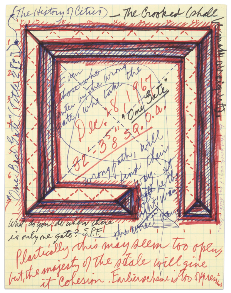 One Gate, 1967
Ink on gridded paper
10 7/8 &amp;times; 8 3/8 in. (27.6 &amp;times; 21.3 cm)