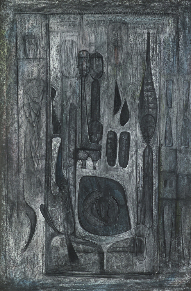 black and grey drawing with white highlights of abstract shapes