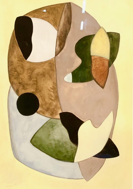 abstraction with green brown black white and yellow shapes