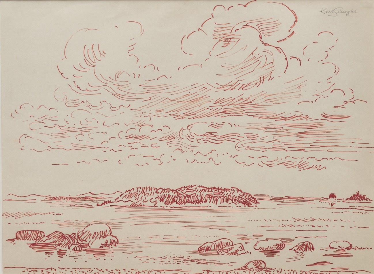 drawing in red ink from the shore looking over the Maine coast towards islands