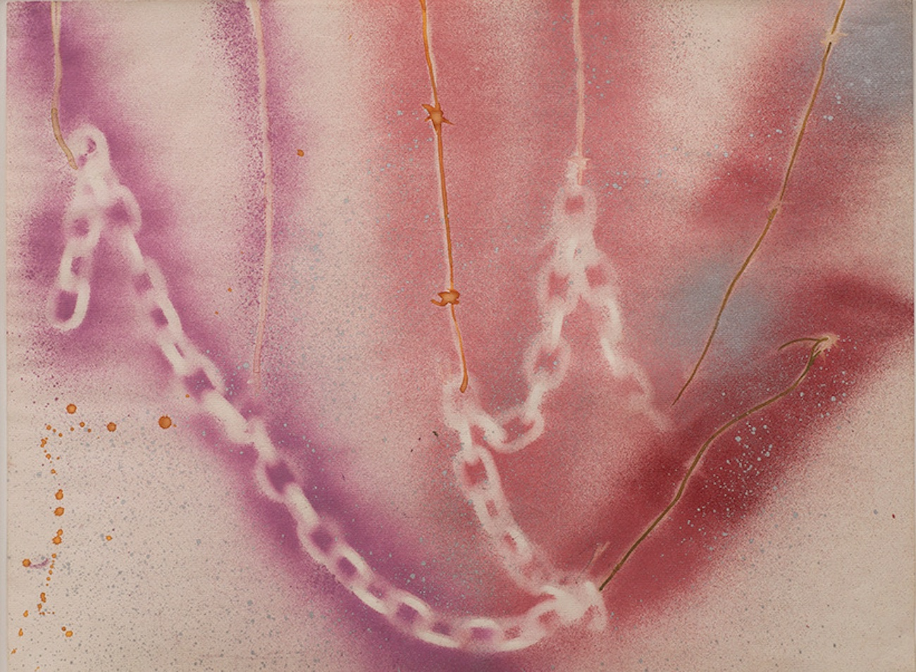 semi abstract watercolor with barbed wire and chain iconography in negative space