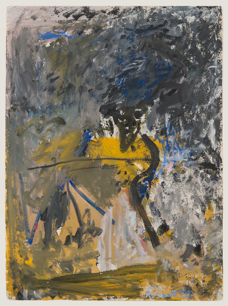 gestural abstraction in grey, black, ochre, blue and white