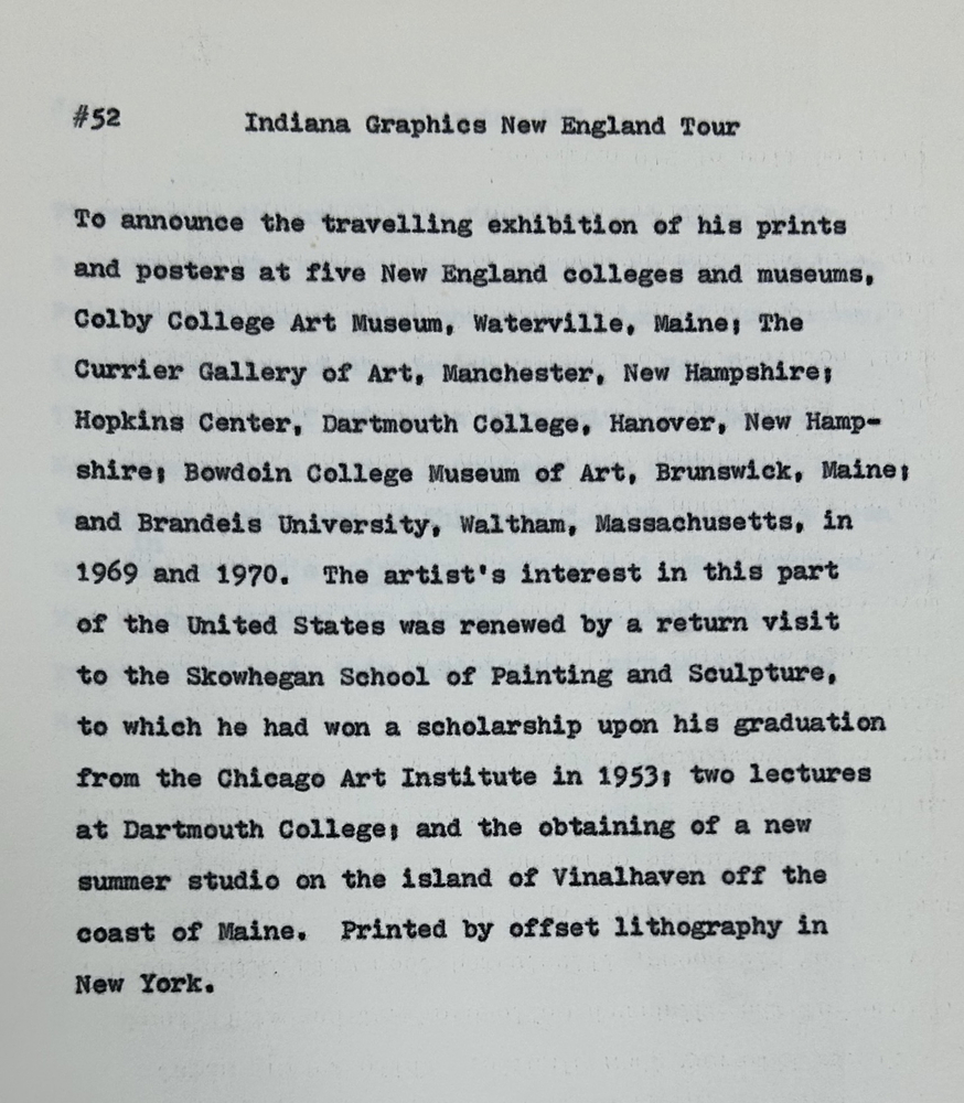 Artist statement &amp;quot;Indiana Graphics New England Tour,&amp;quot; 1969. Courtesy Star of Hope Foundation, Vinalhaven, Maine