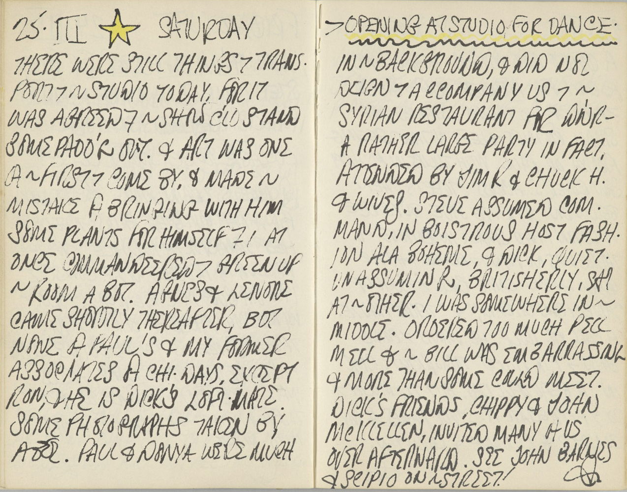 Indiana&amp;#39;s journal entry for March 25, 1961, describing the opening day of Premiums: Stephen Durkee, Robert Indiana, and Richard Smith.&amp;nbsp;Image:&amp;nbsp;Courtesy Star of Hope Foundation, Vinalhaven, Maine
&amp;nbsp;