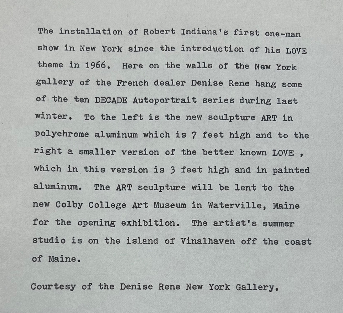 Artist statement on Robert Indiana: New Paintings and Sculpture, held at the Galerie Denise Ren&amp;eacute;, 1972. Courtesy Star of Hope Foundation, Vinalhaven, Maine