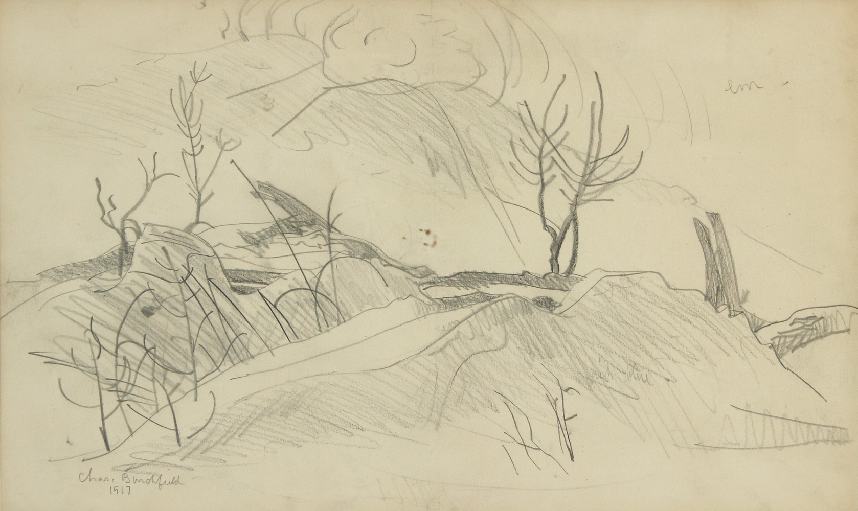 Graphite drawing of a stylized landscape with craggy hills, leafless trees, and the sun overhead