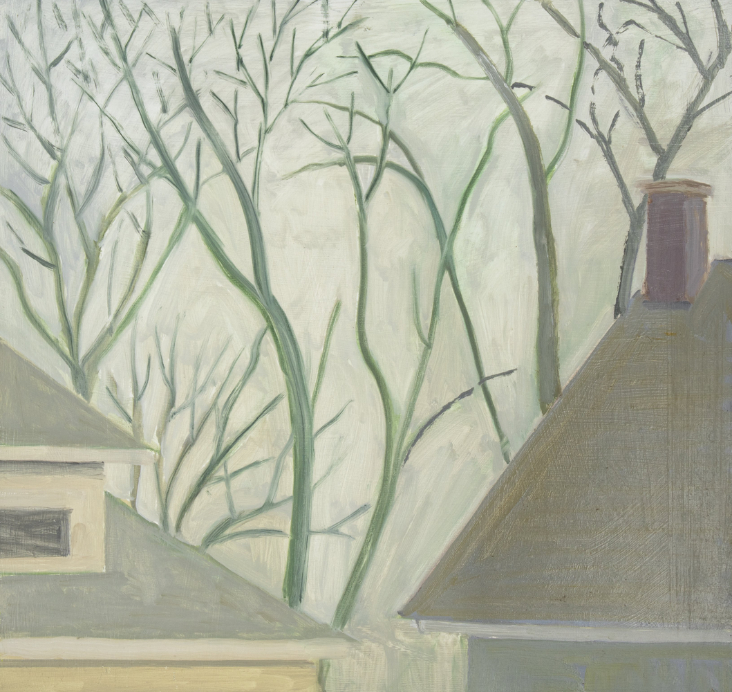 Adjacent Roofs, 2024, oil on Masonite, 15 x 15 3/4 inches