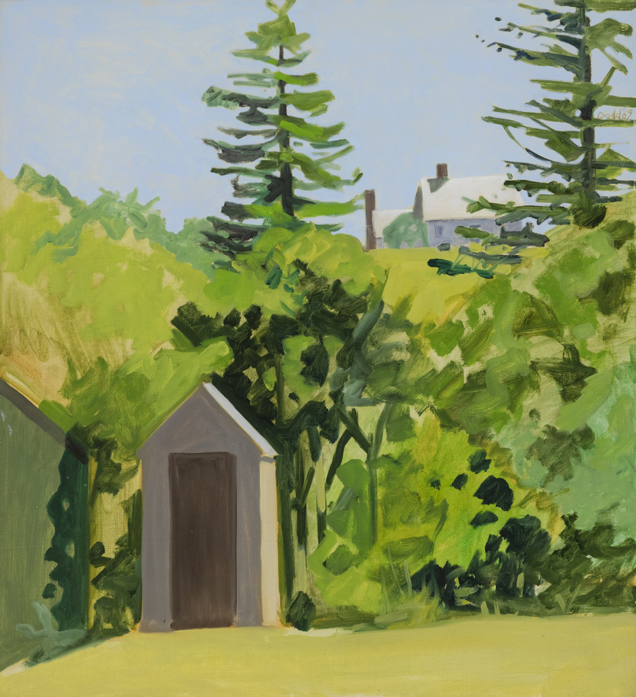 Outhouse and Two Spruce Trees, 1969, oil on linen, 24 x 21 inches