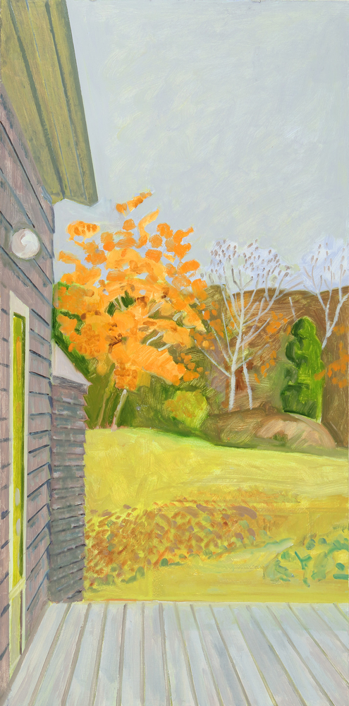 Painting of the side of a building and deck looking out onto an autumn landscape